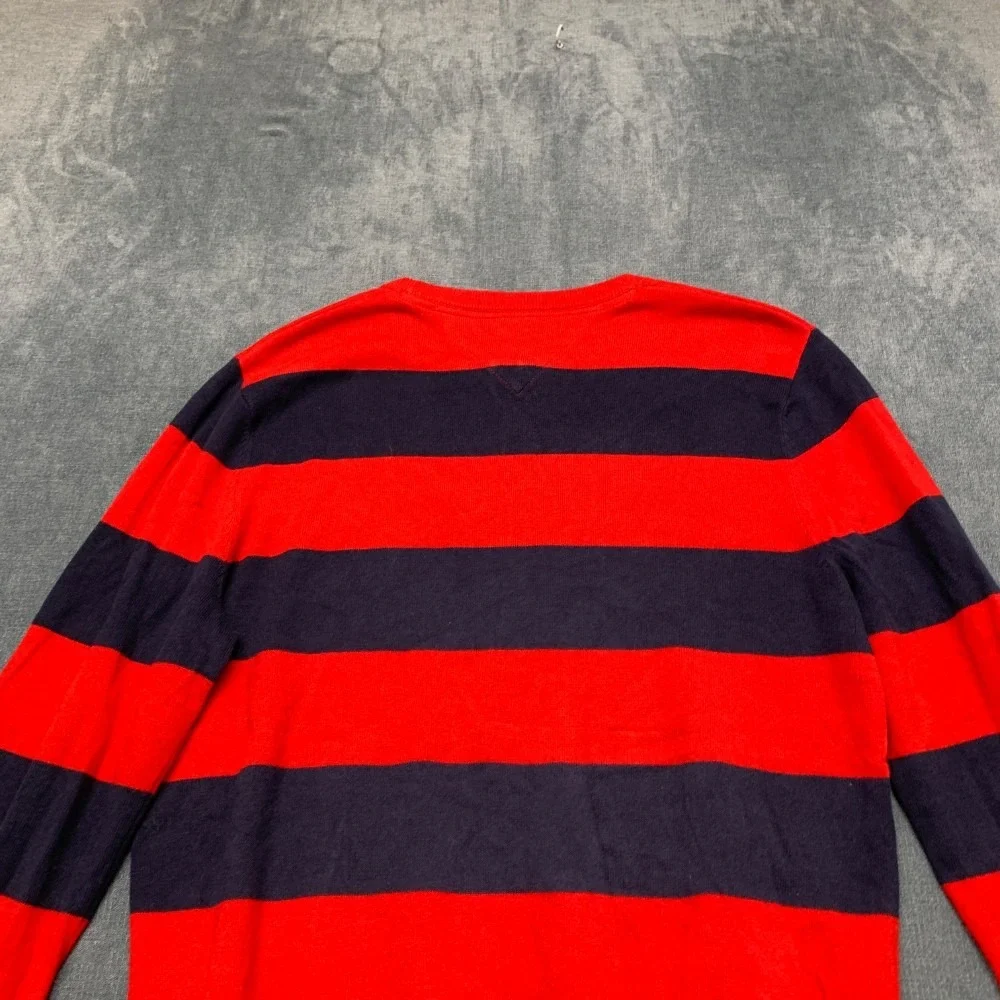 Tommy Hilfiger Sweater Mens Small Navy Blue Red Striped Cotton Tight Knit Winter